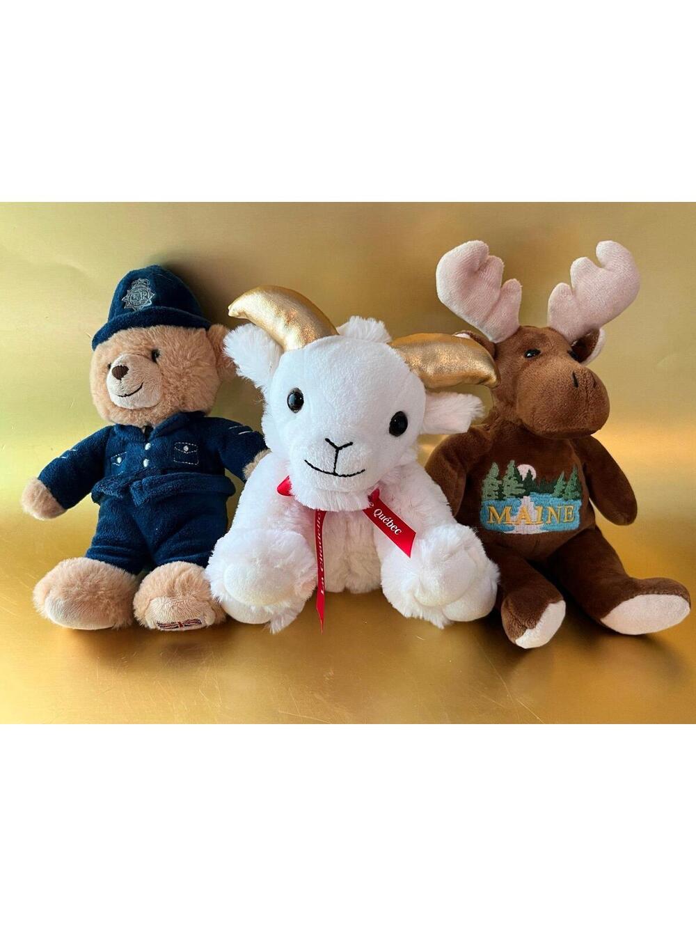 3 Plush: Keel Toys London Police Bear, Hotel La Chèvre d’Or Goat, Maine Moose